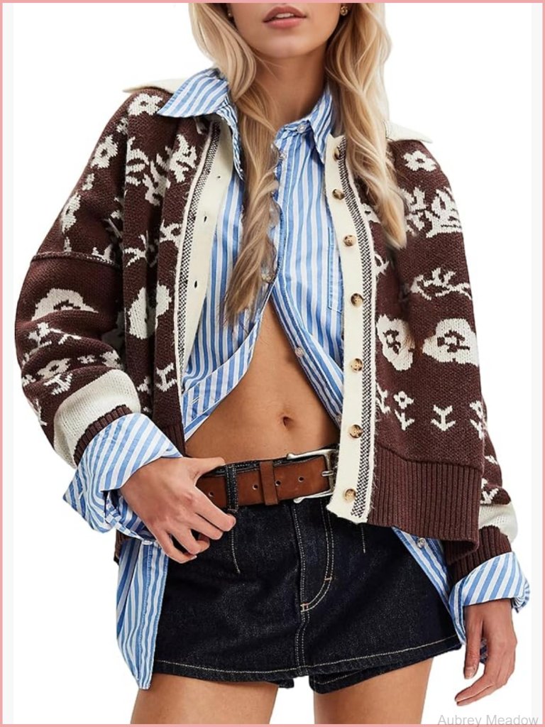 Floral Cropped V-Neck Cardigan Long Sleeve Button Down Knit Jacket